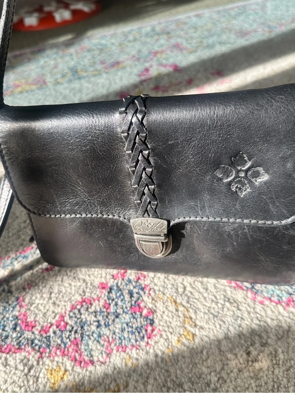 Patricia Nash Black Braided Strap Leather Crossbody Wallet
